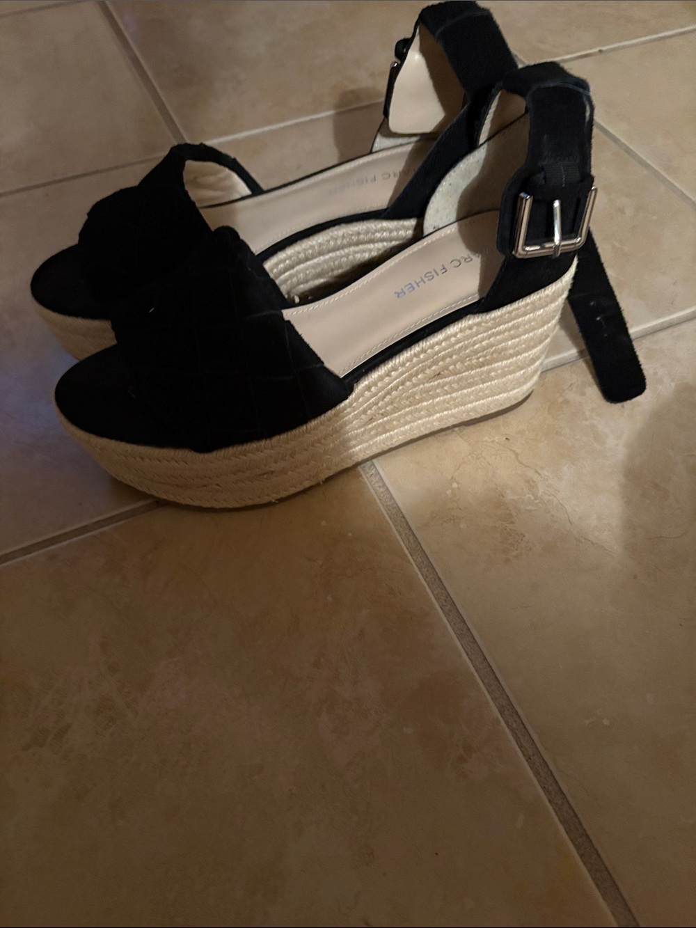 Marc Fisher Black Suede Espadrille Wedge Sandals with Ankle Strap